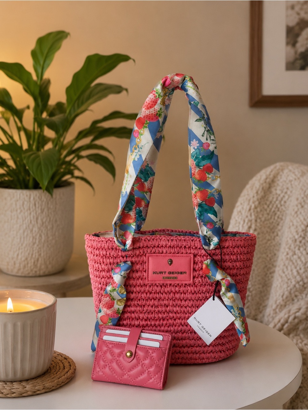 Kurt Geiger Coral Pink Woven Tote with Floral Scarf Handles and quilted wallet